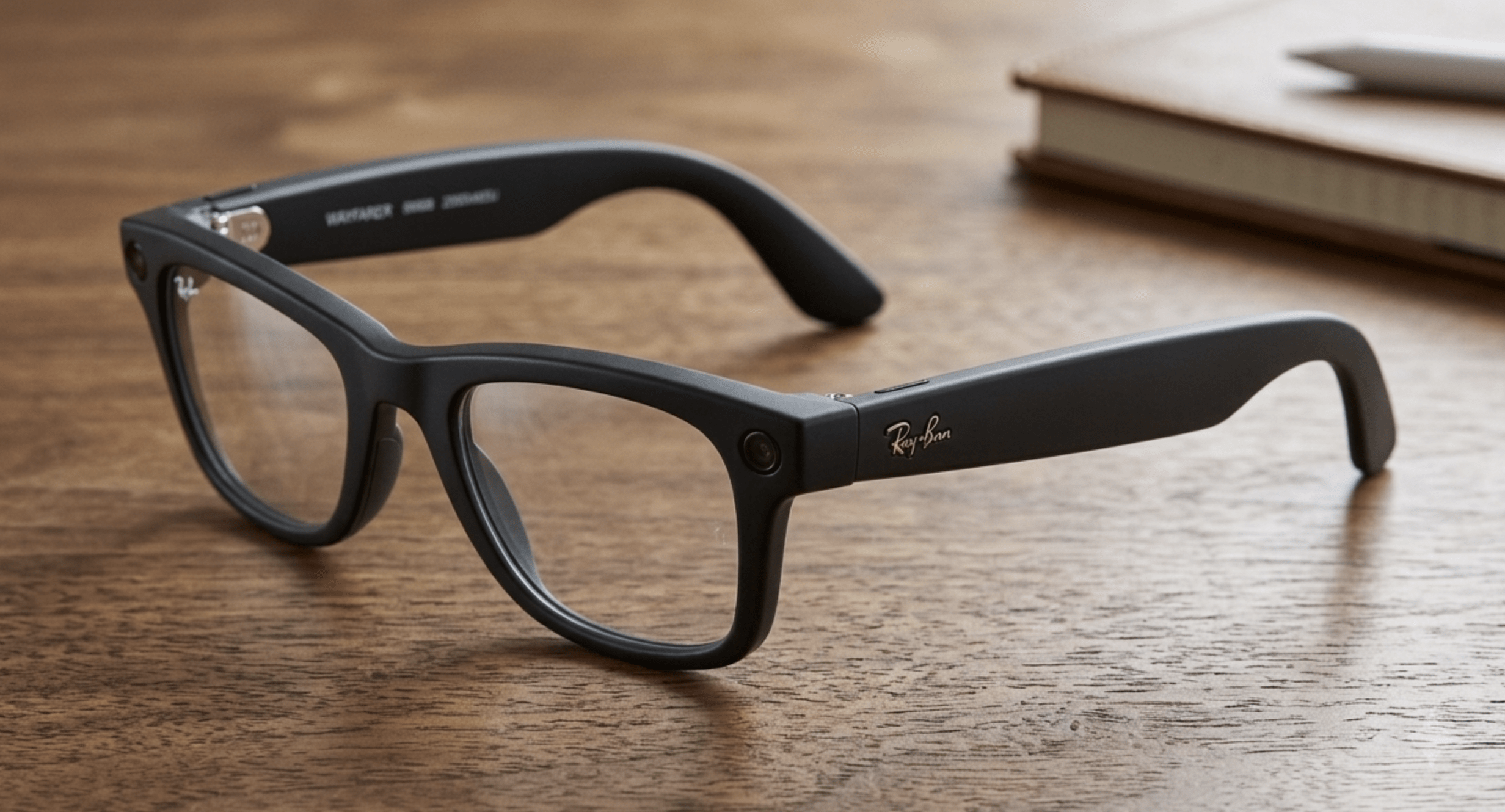 Meta Ray-Ban Wayfarer smart glasses on a wooden table