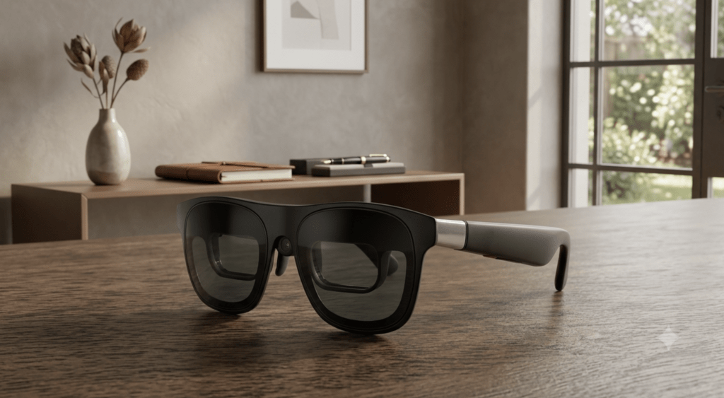 XREAL One Pro AR display glasses on a wooden table